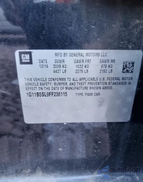 2015 Chevrolet Malibu Ls из США, поврежденный, VIN 1G11B5SL9FF236115